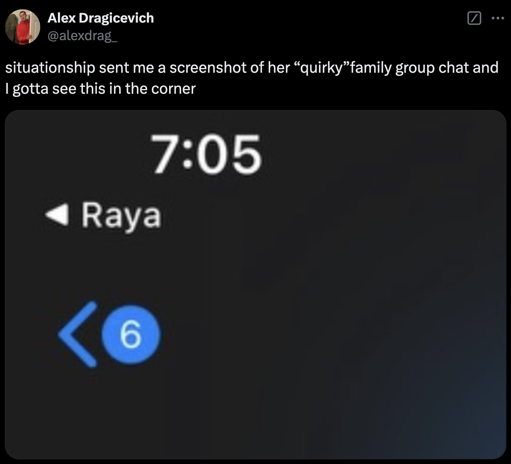 screenshot - Alex Dragicevich situationship sent me a screenshot of her "quirky"family group chat and I gotta see this in the corner Raya 6